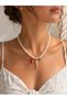 Gold Color Women's Steel Necklace with Natural Pearl Looking Fish, Evil Eye Bead and Red Pepper Detail