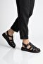 Black Genuine Leather Women's Flat Sandals