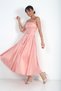 Women's Strapless Lined Pleated Midi Satin Dress with Ribbon Detail on the Front and Pockets