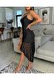 Women's Rope Strap V-Neck Lined Asymmetrical Detailed Lace Midi Dress - 6