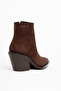 Coffee Matte Suede Flat Zippered Metal Toe Western Cowboy Short Ankle Boots - 3
