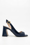 Women's Patent Leather Design Asymmetrical Strapped Blunt Toe Navy Blue Patent Leather Thick Heeled Shoes - 2