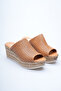 Women's Genuine Leather Perforated Wedge Heel Slippers - Tan - 4