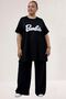 68509 Large Size Front Printed Ribbed Thin Modal T-Shirt - Black