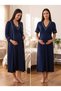 New Season Navy Blue Button Detailed Ribbed Design Short Sleeve 100% Cotton Maternity Nightgown Set of 2 - 2