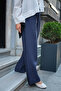Women's Double Pocket Elastic Waist Modal Pants with Lace Detail Navy Blue - 4