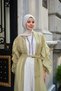 Women's Ribbon Stone Detail Waist Tie Ruffled Sleeves Tulle Long Abaya Pistachio Green - 3