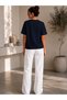Set of 2 Women's White-Navy Blue Basic T-Shirts - Crew Neck Cotton T-Shirt - 5