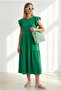 Women's Grass Green Ruffled Sleeves Segmented Midi Cotton Dress Elb-19002445