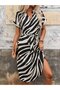 فستان نسائي بأكمام قصيرة وياقة على شكل V من نوع Zebra منقوش Midi قماش جيرسي وحيد - 5