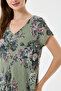 Khaki Italian Floral Patterned Lined Short Dress 38 - 42 Size - 6