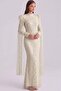 Exclusive Hijab Evening Dress with Pearl and Stone Patterns on the Shoulders and Feather and Cape Detail Cream 1108 - 2