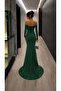 Emerald One-Shoulder Stone Detailed Slit Fish Tail Evening Dress 583412 - 7