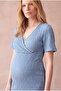 Maternity Ice Blue Seersucker Textured Cotton Double Breasted V-Neck Short Sleeve Dress with Nursing Function Noella - 3