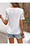 Women's Short Sleeve V-Neck Front Button Lace Detailed Waffle Blouse - 4