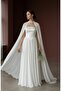 Strapless Pearl Detailed Cape Sleeve Chiffon Evening Dress Long Flared Wedding Party Dress - 2