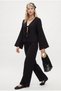 Women's Katty 100% Cotton Tie-Waist Elastic Waist Muslin Woven Top and Bottom Black Set