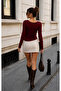 Women's Boat Neck Long Sleeve Blouse with Ruched Sides and Asymmetrical Front Cut - 2
