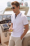 Navy Blue Garni Detailed Non-Curling Collar Summer Polo T-Shirt on White 100% Cotton Breathable Sailor T-Shirt - 3