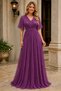 Women's Double Breasted Collar Short Sleeve Tulle Sleeve Lycra Stretchy Glitter Lined Long Plum Evening Dress - 6