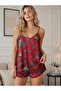Women's Satin Print Detailed Thin Strap Silky Simple and Elegant Satin Shorts Set