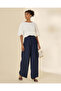 Women Navy Pleated Wide Leg Pants With Tie Belt - 5