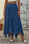 Dark Blue Lined Fringed Cut Elastic Waist Casual Wrinkled Long Woven Skirt 95 70