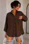 Women's Brown Cotton Linen Double Pocket Wooden Button Pinterest Oversize Shirt - 2
