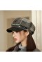 Luxurious Detailed Plaid Brush Hat with Faux Leather Band and Gold Accessory, Plaid Patterned Leather Visor - 6