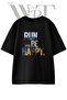 Run Happy Road Design Printed Unisex Black Oversize T-Shirt