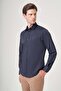 Navy Blue Hard Collar Long Sleeve Pocketless Slim Fit Cotton Shirt 1004260213 - 3