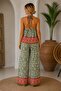 Women's Green Ethnic Patterned Top and Bottom Set with Rose Appliqué Pants and Blouse 50% Linen 50% Cotton - 3