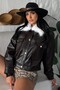 Women's Faux Leather Bomber Jacket with Fur Collar - 2