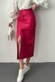 Women's Fuchsia High Waist Slit Ornamental Patched Pencil Cut Midi Skirt - 3