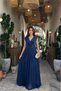 Women's Navy Blue Janjan Fabric Double-Breasted Collar Waist Detailed Evening Dress Nbmy4057