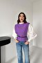 Women's Purple Shirt and Poncho Set Quilted Patterned Belted Balloon Sleeve Two-Piece