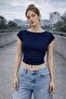 Women's Navy Blue Crop Blouse Boat Neck Side Gathered Short Sleeve Slim Fit Plain