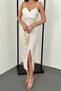 Women's Ecru Velvet Dress with Thin Straps, Sweetheart Neckline, Slit, Midi Length, for Evening Events - 5