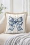 Blue Tile Ribbon Bow and Vertical Line Pattern Fringed Throw Pillow Cover - Vintage Decorative Pillow Cover