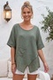 Khaki Pool Collar Short Sleeve Pocketed Embroidered Casual Cotton Asymmetrical Woven Blouse 70 65 - 5