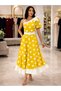 Women's One-Shoulder Open-Shoulder Dress with Ribbon Detail on the Other Shoulder, Belted Polka Dot Woven Midi Dress - 2