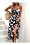 Women's Rope Strap Double Breasted Collared Patterned Single Jersey Midi Dress with Elastic Waist and Front Slit