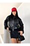Trend Laminated Sleeves and Plush Belt Inside Crop Jacket Coat - 3
