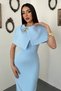 Women's Blue Midi Pencil Dress with Cape, Single Buckle Lined Event Dress - 3
