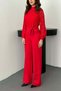 Women's Red Lace Top High Neck Belted Long Sleeve Wide Leg Jumpsuit - 4