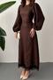 Women's Brown Long Dress Embossed Textured Lace Hem Belted Balloon Sleeves - 4