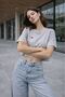 Women's Gray Crop T-Shirt Crew Neck Short Sleeve Heart Embroidered Single Jersey - 2