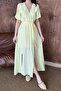 Women's Yellow Double-Breasted Collar Belted Slit Short Sleeve Muslin Maxi Dress - 4