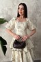 Women's Brown Square Neck Balloon Sleeve Floral Patterned Layered Flounce Midi Dress - 2