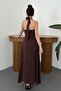Women's Brown Halter Neck Sleeveless Lined Waist-Fitted Long Flared Dress - 5